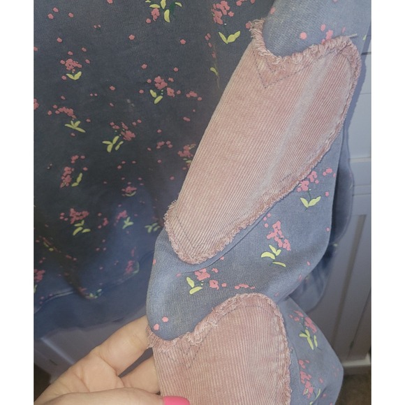 Easel Floral Heart Elbow Patch Sweatshirt Blue Pink Corduroy Boho Pullover S - Picture 2 of 5